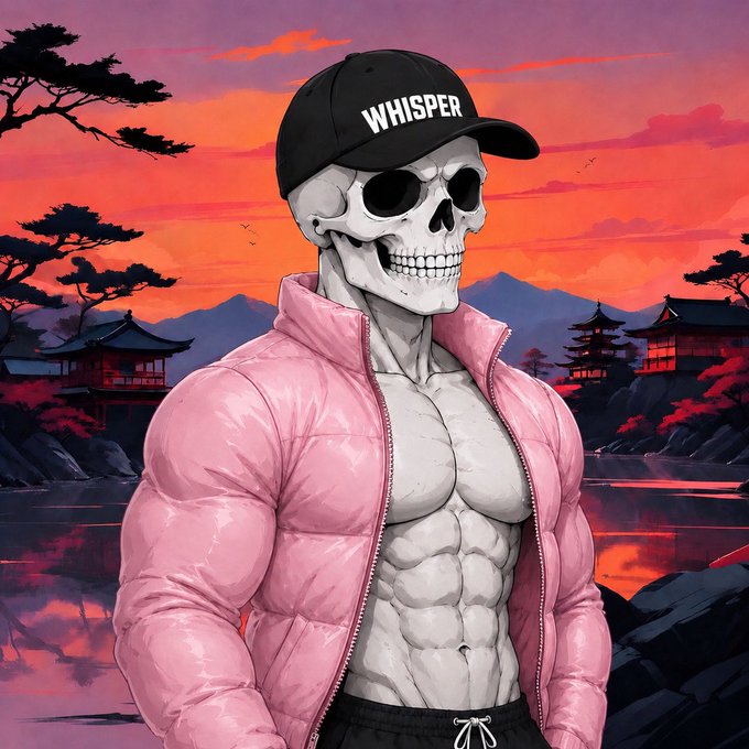 A digital illustration of a muscular skeleton wearing a pink puffer jacket and a black cap with the word 'WHISPER' on it, set against a sunset Japanese landscape with pagodas and trees.