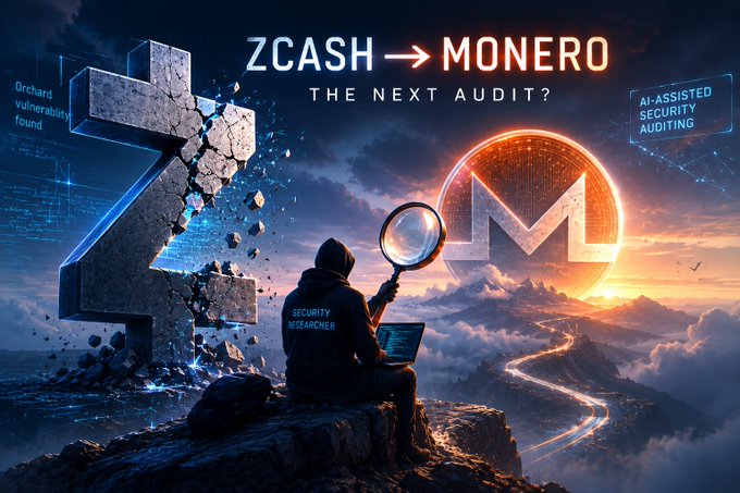The image features an illustration of a man sitting on a rock, holding a magnifying glass over a laptop computer. Above him, there are two large rocks with the words "Zcash" and "Monero" written on them. The background shows a sunset or sunrise, creating a serene atmosphere for the scene. The caption below the image reads: "1/6 If you thought the Zcash story was over — think again".