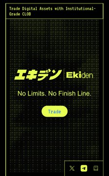 A bold neon green and black promotional graphic for Ekiden (エキデン) features the tagline "No Limits. No Finish Line." alongside a "Trade" button and text promoting institutional-grade digital asset trading. The post describes Ekiden as a new perp DEX on Canton with CLOB execution offering BTC, ETH, HYPE & CC perps with up to 20x leverage.