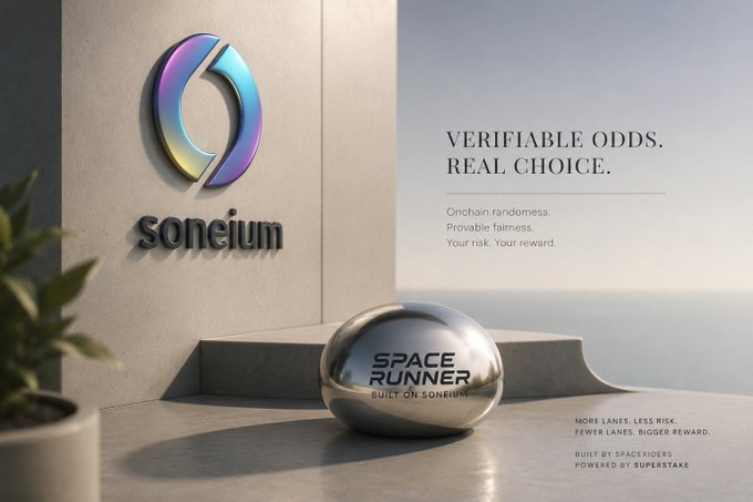 A promotional banner for Soneium featuring a metallic sphere labeled 'SPACE RUNNER' with the tagline 'VERIFIABLE ODDS. REAL CHOICE.' and text noting 'Onchain randomness. Provable fairness. Your risk. Your reward.' along with 'MORE LANES. LESS RISK. FEWER LANES. BIGGER REWARD. BUILT BY SPACERIDERS POWERED BY SUPERSTAKE'.