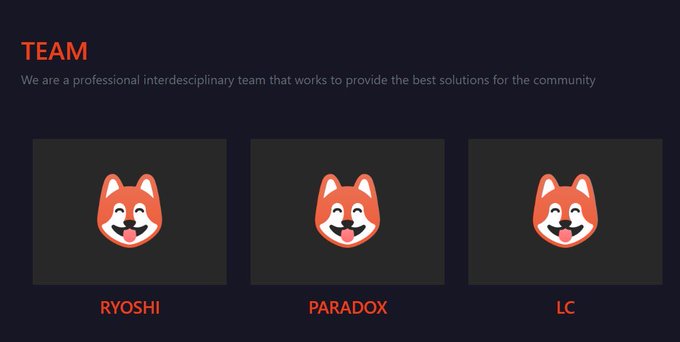 The image displays a "TEAM" section featuring three Shiba Inu dog avatars labeled "RYOSHI," "PARADOX," and "LC," representing the founding and core team of the Shiba Inu ($SHIB) memecoin project. The caption underscores the poster's personal history as LC, one of the original Shiba Inu founders alongside Ryoshi, emphasizing their transition from building the $SHIB movement to now leading the Safe ($LC) launchpad.