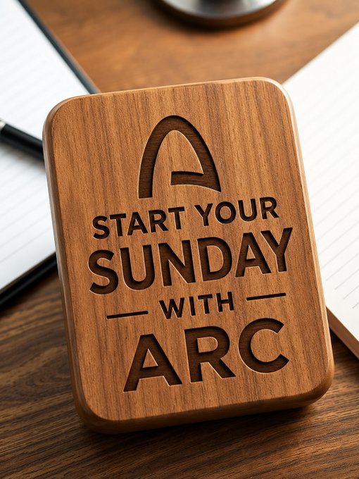 A wooden plaque with an engraved 'A' logo and the text 'START YOUR SUNDAY WITH ARC' resting on a notebook and wooden desk.