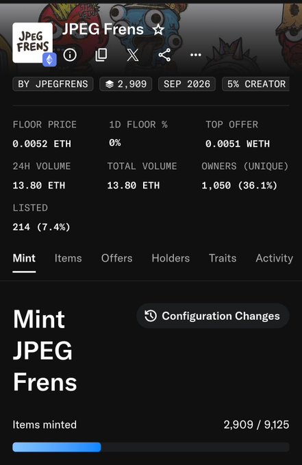 The image shows a JPEG Frens NFT collection page displaying 2,909 minted items (out of 9,125) at a 0.0052 ETH floor price, with 1,050 unique owners and a 24H volume of 13.80 ETH, directly supporting the post's claim that 2,909 Frens have minted as the first guaranteed wave nears completion.