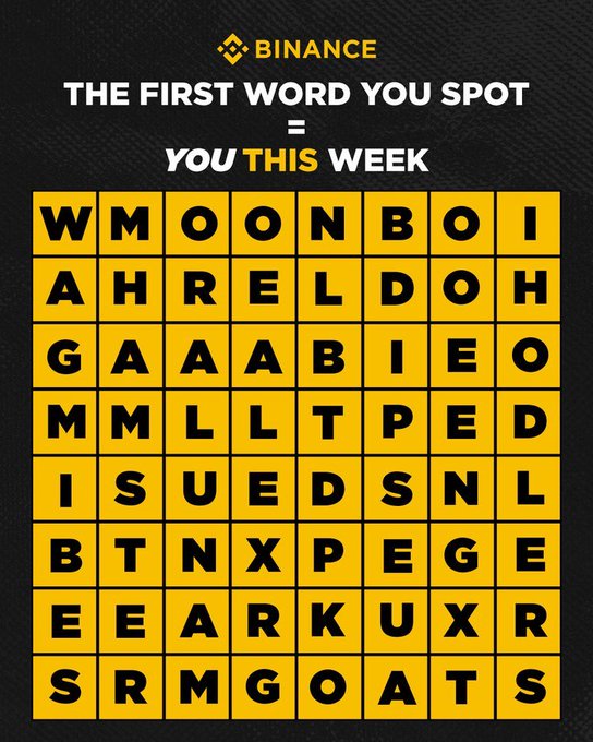 The image features a yellow square grid with black text, which appears to be a crossword puzzle or word search game related to Bitcoin. The words "LUNC", "@BinanceForIN", "@HTX_Global", "#LUNC", and "@HTX_India" are present in the grid. The post also includes a caption that reads: "The first word you spot = You this week".