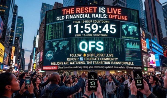 A digital billboard in Times Square reading 'THE RESET IS LIVE, OLD FINANCIAL RAILS: OFFLINE' with a 'QFS' countdown timer at 11:59:45 and a crowd below holding phones.
