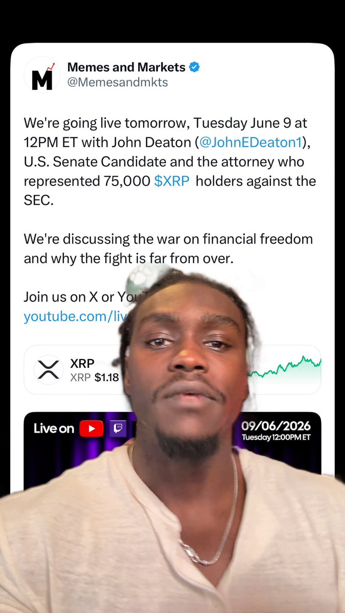 The image shows a man wearing a white shirt, with his face displayed prominently against a black background. The text "XRP Army" is written below him, which appears to be related to the post about the war on financial freedom. The caption reads "XRP Army: the fight is not over!", indicating that the discussion about the war on financial freedom has been brought up in this context.