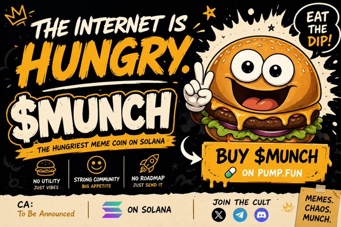 A meme coin advertisement poster for '$MUNCH' displays a cartoon cheeseburger character with the text 'THE INTERNET IS HUNGRY' and 'BUY $MUNCH ON PUMP.FUN', noting it has 'NO UTILITY' and 'NO ROADMAP' on Solana.