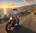The image features a cartoon character riding a motorcycle down a road, wearing sunglasses and a hat. The character appears to be enjoying their time on the motorcycle as they ride along the road. The background of the image shows a beautiful sunset over the ocean, creating a serene atmosphere for the scene. The post includes text that reads "I ride with the @BoredApeYC 4 life." This suggests that the person in the image is part of an online community or group where they share their experiences and adventures on motorcycles with others who have similar interests.