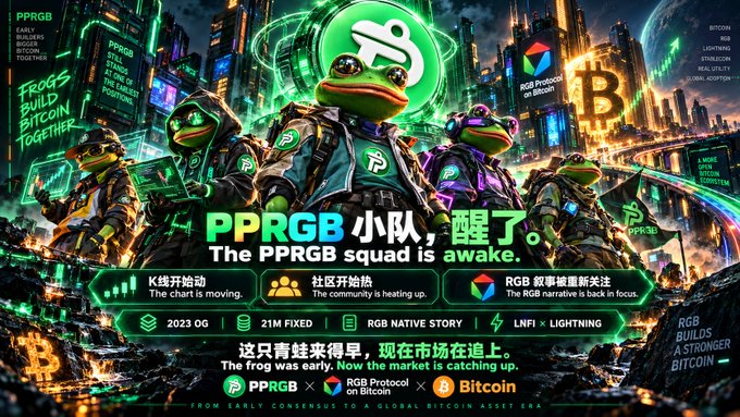 A promotional graphic features anthropomorphic frogs in tech gear with the text 'PPRGB squad is awake' alongside logos for PPRGB Protocol on Bitcoin and Bitcoin itself.