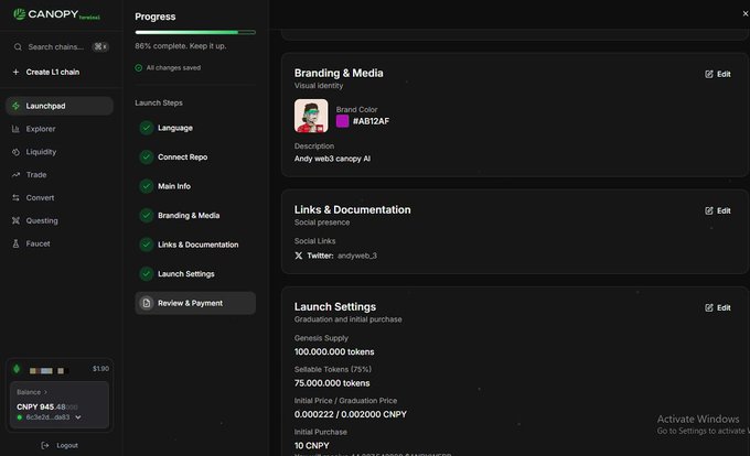 Canopy Launchpad interface showing the progress page for a token launch at 80% completion, displaying Branding & Media, Links & Documentation, and Launch Settings including 100M genesis supply and 10 CNPY initial purchase.