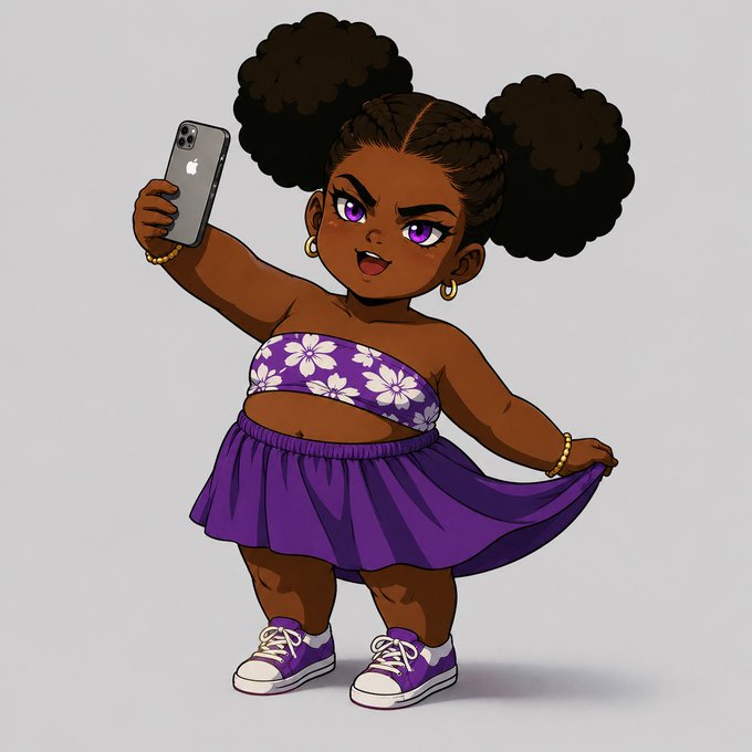 A cartoon illustration shows a dark-skinned girl with two afro puffs taking a selfie with a smartphone, wearing a purple floral tube top, a purple skirt, and purple sneakers.