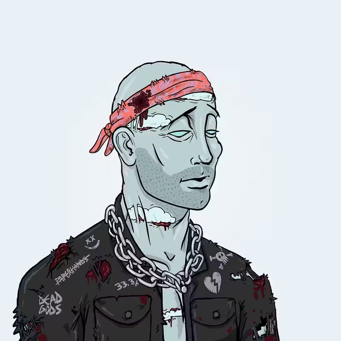 A cartoon zombie character with a bloodied red bandana, a thick chain necklace, and a worn black jacket covered in graffiti-style text including "PAPERHANDS," "DEAD BOSS," and "33.3%" is shown, likely representing an NFT prize won from a community quest by @MrAduitore and @MutantsOnSol. The undead, battle-worn aesthetic reflects the gritty "Mutants" theme of the Solana project.