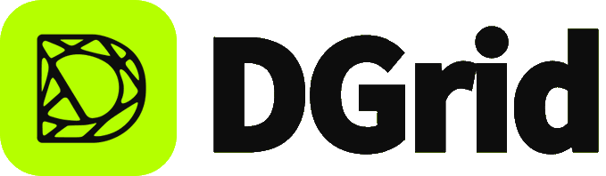 The DGrid logo featuring a bright green app icon with a stylized 'D' next to the bold black text 'DGrid'.