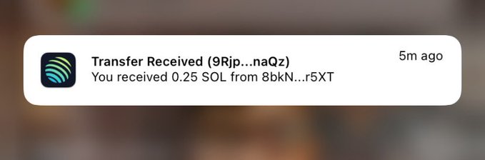 A mobile notification showing a Transfer Received of 0.25 SOL from wallet 8bkN...r5XT, timestamped 5m ago.