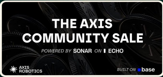 A black promotional graphic announces "THE AXIS COMMUNITY SALE POWERED BY SONAR ON BASE" featuring the Axis Robotics logo and "BUILT ON base" branding.