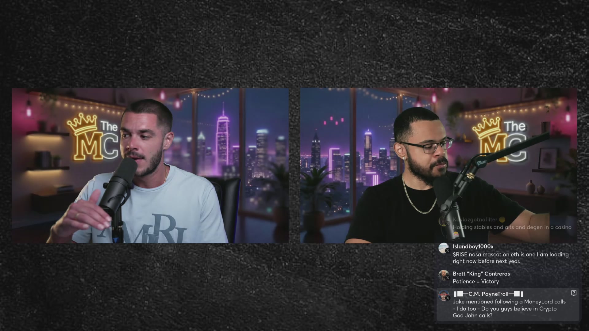 The image shows two men wearing glasses, one of whom has a microphone in front of him while the other man has his back turned towards the camera. They are both standing next to each other with microphones placed at their sides. The background features a cityscape with buildings and neon lights, suggesting that they might be discussing live events or news related to urban life.