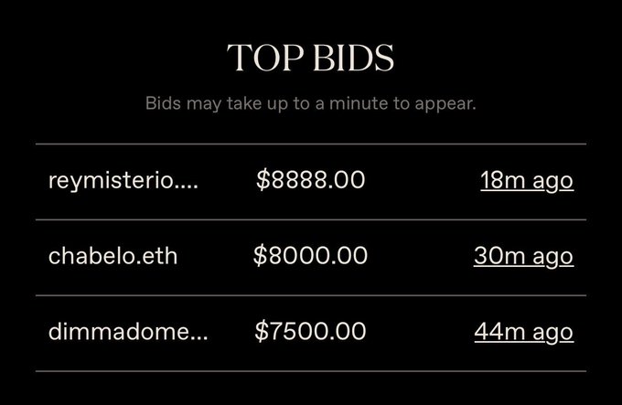 The image features the caption "Top Bid's". It appears that there are three different posts about Beeple's first crypto punk, which was listed as an everyday event on January 1st at 8:00. The top bid for this auction is $8888.00, and it has been ongoing for a total of 30 days. The image shows some text on the bottom right corner that reads "Focus on what is in the image".