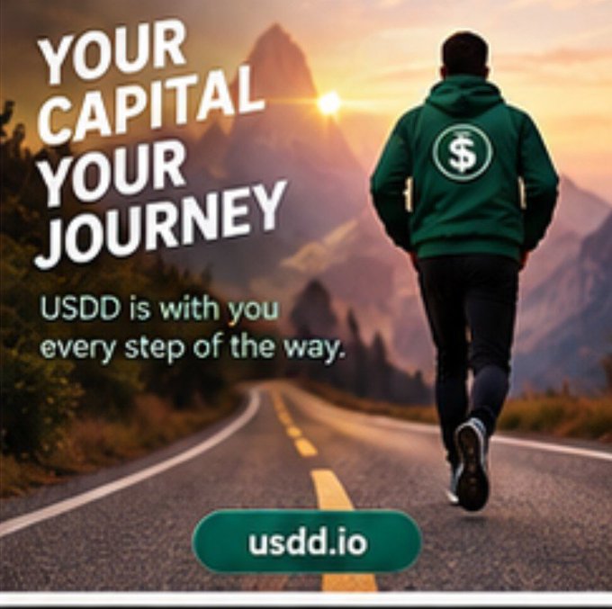 An advertisement showing a man in a USDD hoodie walking down a road, with the text 'YOUR CAPITAL YOUR JOURNEY' and 'usdd.io'.
