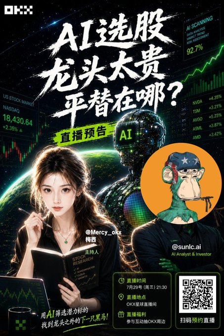 A promotional poster for an OKX live stream titled "AI选股龙头太贵 平替在哪?" (AI stock picking - leaders too expensive, where are the alternatives?) featuring host @Mercy_okx and guest @sunlc.ai, scheduled for July 29 at 21:30, with the post discussing alternatives to chasing AI storage leaders like Seagate by exploring less expensive substitutes in the AI sector.