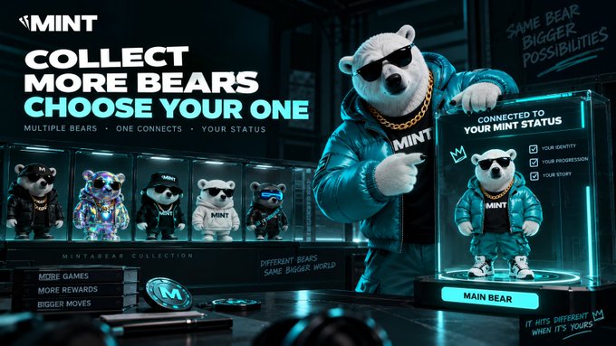 A promotional graphic for 'MINT' bear NFTs reading 'COLLECT MORE BEARS CHOOSE YOUR ONE' with display cases showing various bear characters, including a main bear connected to MINT status.