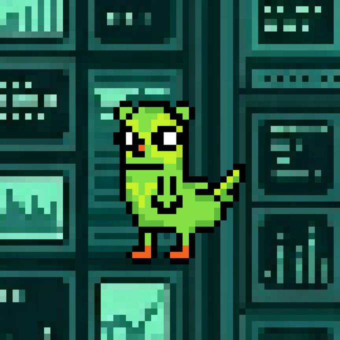 A pixel art illustration of a green dinosaur/chicken-like character standing in front of dark computer servers displaying graphs and data.