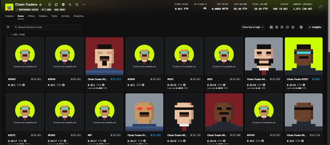 The image shows the Chain Traders NFT collection page on a marketplace, displaying various pixel-art character tokens with floor price of 0.011 ETH, 7,500 items, and 40% listed. This relates to the post as it showcases the "Chain Traders" project that the user minted from the public sale and is currently profiting from.