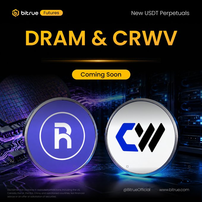 A promotional graphic from Bitrue Futures announcing the upcoming launch of new USDT Perpetual contracts for $DRAM and $CRWV, featuring the Bitrue logo, "Coming Soon" button, and large stylized icons for each ticker against a tech-themed background. The post highlights these listings as trading opportunities tied to AI memory and GPU cloud infrastructure.