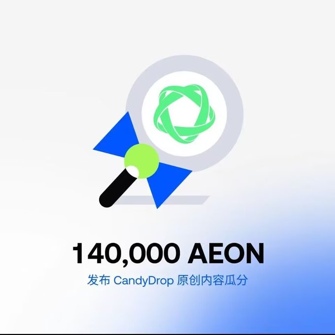 A promotional graphic displaying '140,000 AEON' for publishing CandyDrop original content, featuring a magnifying glass icon over a green symbol.