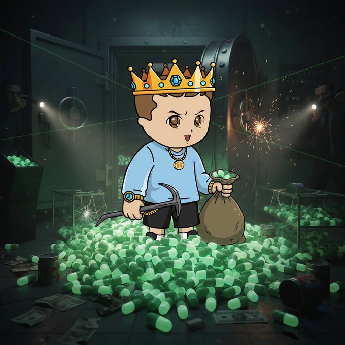 A cartoon character wearing a crown and gold chain stands in a vault holding a pickaxe and a bag of green gems, surrounded by piles of similar gems and scattered money.