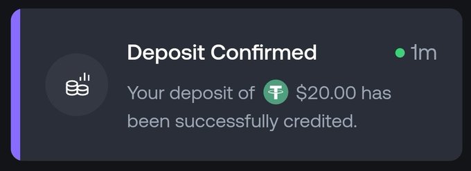 A notification displays "Deposit Confirmed" with the message "Your deposit of $20.00 has been successfully credited," alongside a Tether (₮) icon. This directly corresponds to the post, confirming that the user's final $20 USDT deposit was successfully processed on Shuffle before they requested luck and invited others to share their usernames.