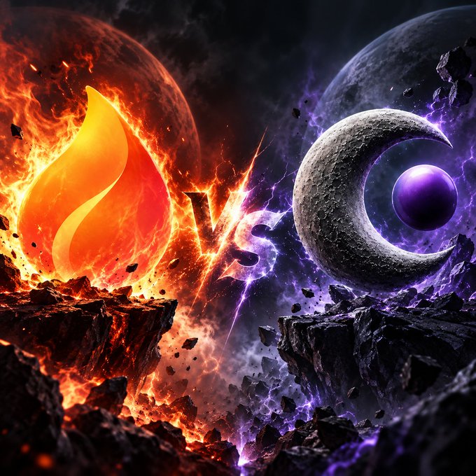 A fiery orange flame and a purple crescent moon collide in a cosmic battle above shattered rocky platforms, with a "VS" symbol crackling between them in sparks of lightning. The image visually echoes the post's theme of comparing two volatile cryptocurrencies—$EMBER and $PAIR—pitting their opposing elemental forces against each other to symbolize their similar boom-and-bust trajectories weighed down by different tokens.