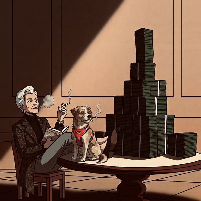 An illustration shows a person with white hair smoking a cigarette and reading a book, seated next to a dog wearing a 'CALI' bandana, with a large stack of money on a round table beside them.