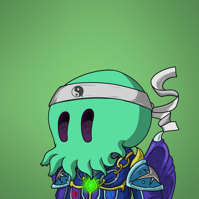 A cartoon character with a green octopus/squid head wearing a yin-yang headband, a white headband, and purple cosmic armor with a glowing green gem.