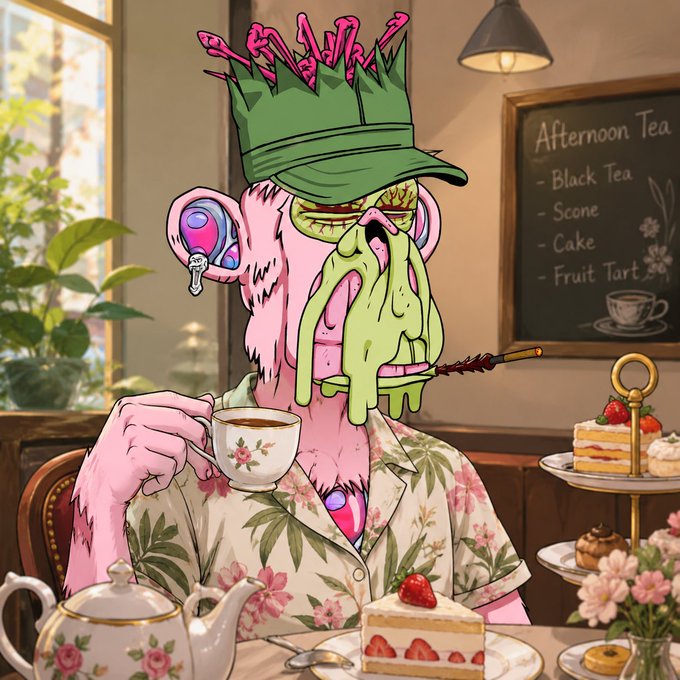 The image features a cartoon monkey sitting at a table with plates of food, including cake and sandwiches. The monkey appears to be enjoying its meal while holding a cup of tea. There are also several cups placed around the scene, suggesting that this is a social gathering or event. The post includes text such as "Happy Mutant Monday! The Chinese District apes have always been very active—long-termism! LFG! @BoredApeYC @pprgb888 @0xlaofashi @7777chu @Guomin184935 @daxianVIP @Jason23818126 @PWenzhen76938 @Till_okb @xx03199 @eastweb3eth @zhoguwn2782184 @0xborder @rfdzi @web3houzi". The monkey's presence in the image adds a whimsical and lighthearted touch to the post, making it an interesting and engaging read for those who appreciate both art and humor.
