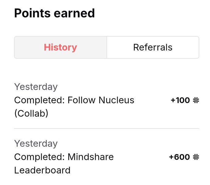 'Points earned' interface showing 'History' and 'Referrals' tabs, with entries for 'Follow Nucleus (Collab) +100' and 'Mindshare Leaderboard +600'.