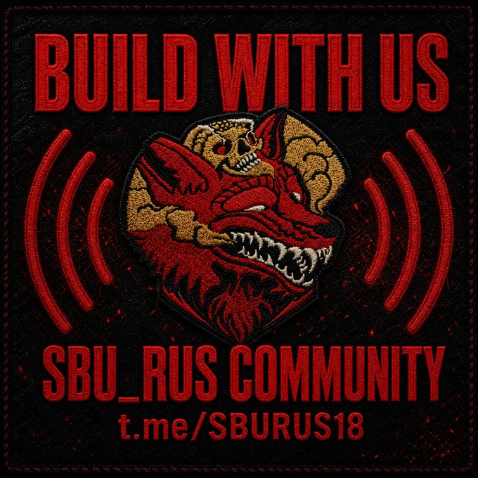 A dark embroidered patch design featuring a red dragon and skull with the text 'BUILD WITH US' at the top and 'SBU_RUS COMMUNITY t.me/SBURUS18' at the bottom.