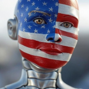 A robotic figure with an American flag-painted face appears to be smiling, juxtaposing patriotic imagery with the reckless, casino-like enthusiasm of the post asking for a "shitcoin" to gamble on. The juxtaposition of the robotic, smiling face with the gambling-related post creates a satirical commentary on speculative crypto investing as a soulless, mechanical risk.
