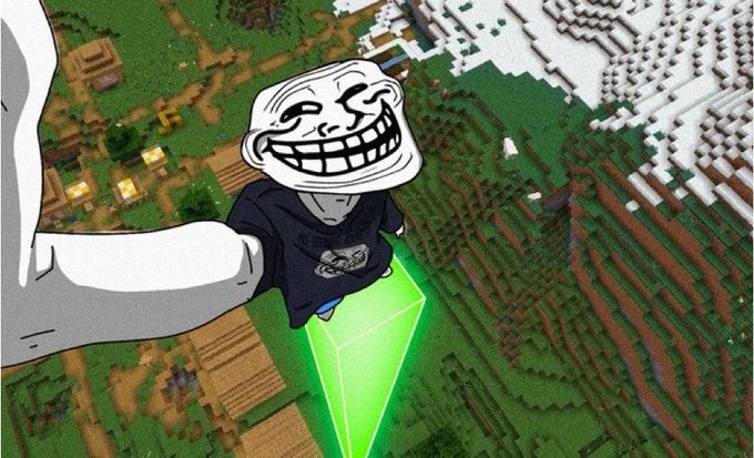 A trollface meme character rides a green emerald block above a Minecraft village landscape.