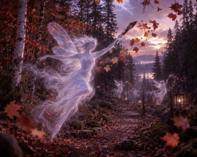 A fantasy digital artwork depicting a glowing, translucent fairy with butterfly wings in an autumn forest, reaching toward falling maple leaves, with a smaller fairy and a lantern visible in the background.