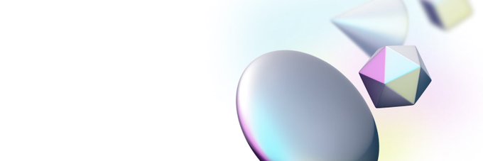 An abstract 3D rendering with iridescent, pearlescent shapes including a sphere, an icosahedron, and a triangular form floating against a soft, light background.