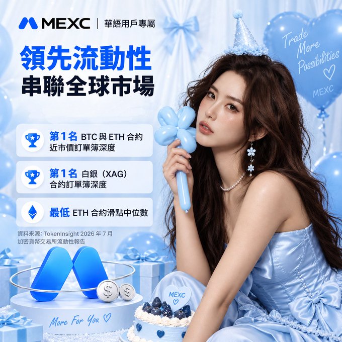 A MEXC cryptocurrency exchange promotional advertisement featuring a woman in a blue dress and party hat, highlighting 'Top 1' rankings for BTC/ETH futures, silver (XAG) order book depth, and the lowest ETH contract slippage.