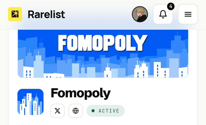 A Rarelist page displays the “FOMOPOLY” project banner, the name “Fomopoly,” social icons, and a green “ACTIVE” status label.
