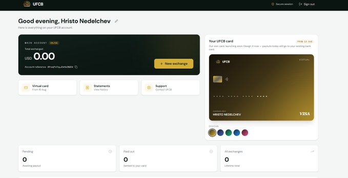 Screenshot of the UFCB dashboard for user 'Hristo Nedelchev', showing a main account balance of $0.00 USD, a pending new exchange, and a virtual UFCB Visa card in gold with the holder's name.