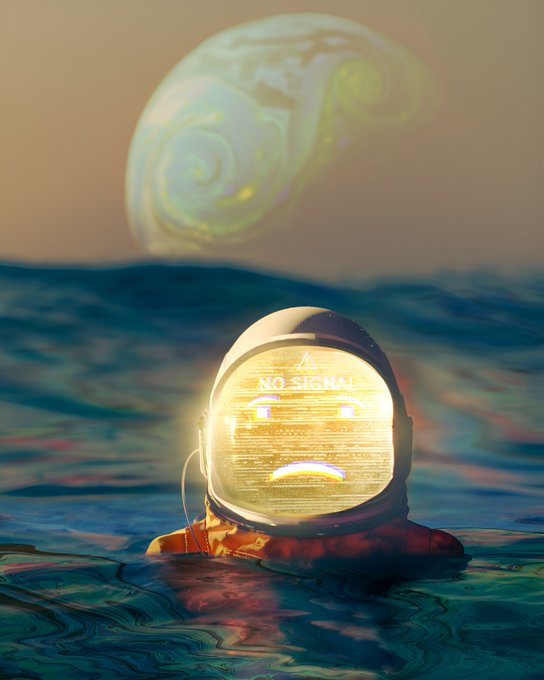 An astronaut's helmet bobs in rippling water beneath a swirling planet, its visor displaying a "NO SIGNAL" message with static lines and a sad face—visually echoing the post's "NO SIGNAL" alert for $XTZ.