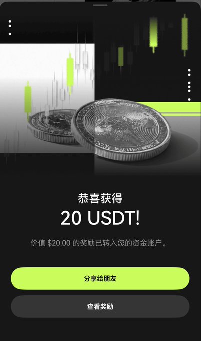 A mobile app screen in Chinese celebrating receiving '20 USDT' reward (价值 $20.00 的奖励已转入您的资金账户) with a green button to share with friends (分享给朋友) and view rewards (查看奖励), displayed over an image of cryptocurrency coins.