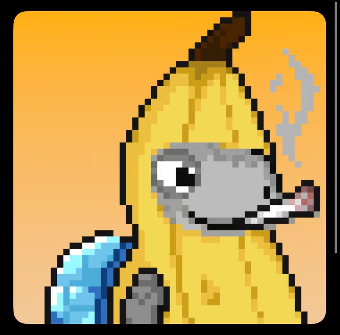 A pixel art drawing of a yellow banana character wearing gray goggles and holding a blue water bottle against an orange background.