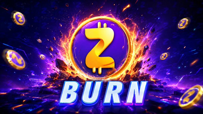 A stylized graphic showing a Zcash (ZEC) coin engulfed in flames with the word 'BURN' below it, surrounded by floating ZEC coins against a purple cosmic background.