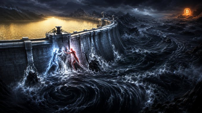 A dramatic digital illustration of a dam separating calm golden waters on one side from a stormy dark vortex on the other, with two figures—one glowing blue, one red—clashing at the water's edge and a Bitcoin logo in the upper right.