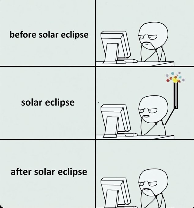 The image is a three-panel comic titled "before solar eclipse," "solar eclipse," and "after solar eclipse," showing a stick figure at a computer looking bored, holding up a selfie stick during the eclipse to capture the event, and then returning to a bored expression afterward.

The post "my day so far" relates to the comic by humorously depicting how even a rare and exciting event like a solar eclipse fails to break up the monotony of a dull day, with the character only perking up briefly to snap a quick photo before sinking back into boredom.