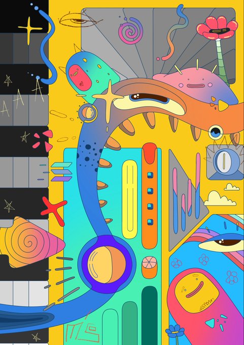 A vibrant, abstract digital artwork composed of various geometric shapes, colorful monster-like characters, and patterned blocks on a yellow background.